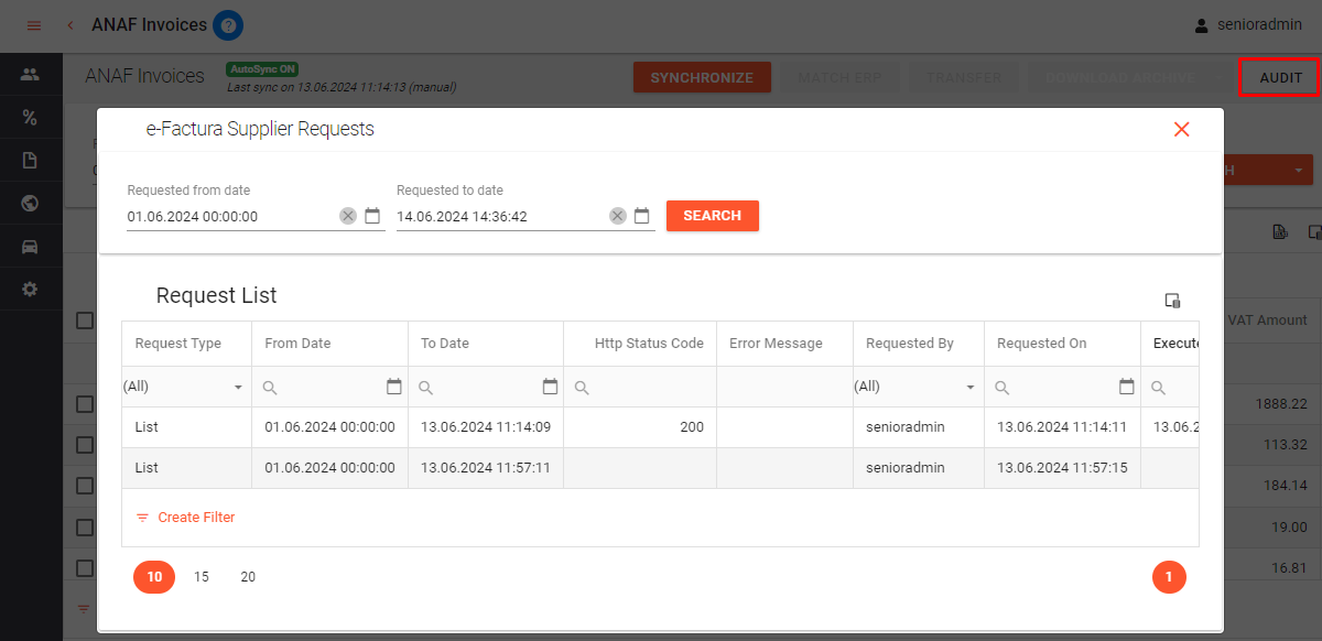Audit e-Factura Supplier Requests cu criterii filtrare - supplier Anaf invoices.png