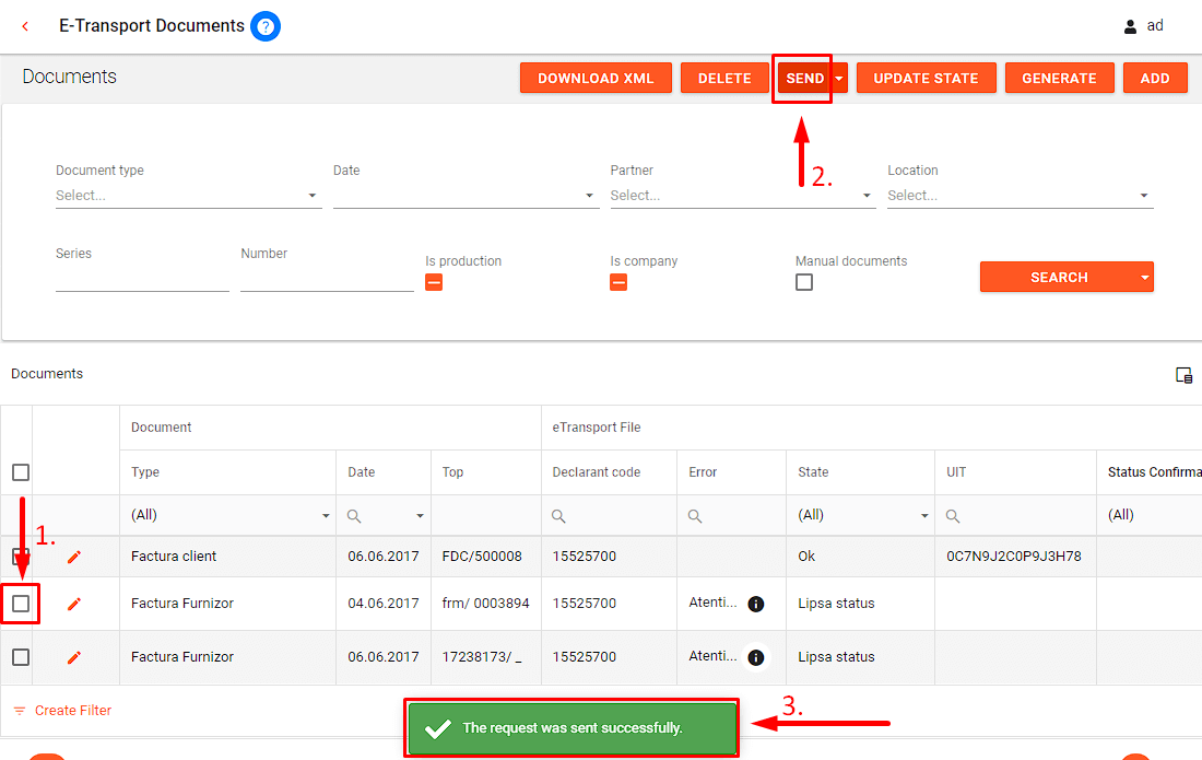 16 - etransport - Tutorial rapid - in filtru dupa Send mesajul The request was sent successfully.png