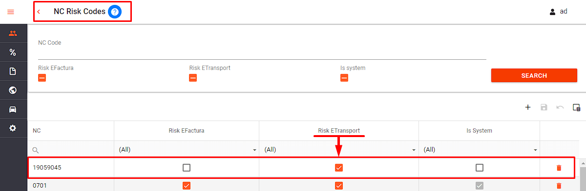 13 - etransport - exemplu risk codes - meniul Risk codes.png