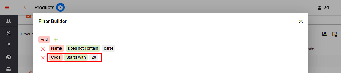 Adauga conditie in filter builder Code starts with 20 .png