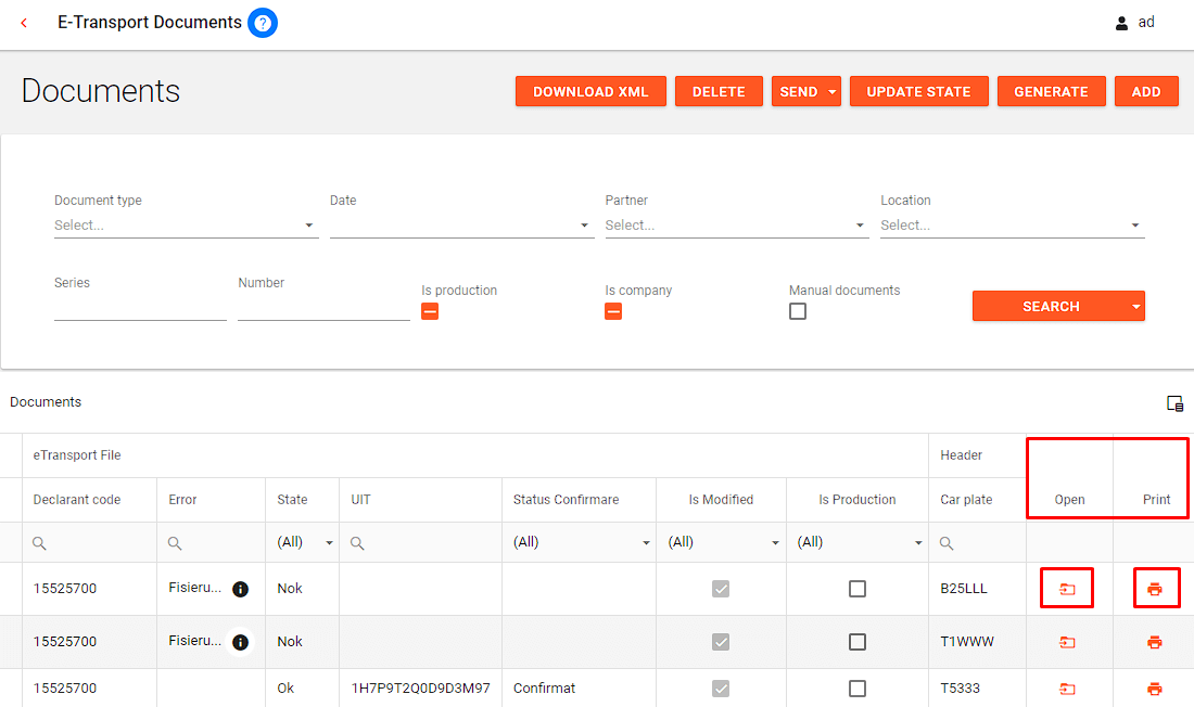 23 - etransport - Tutorial rapid - in filtrul de documente butoanele Open si Print din grid.png