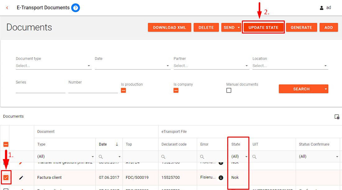 22 - etransport - Tutorial rapid - in filtrul de documente Update State cu valoare pe coloana State.png